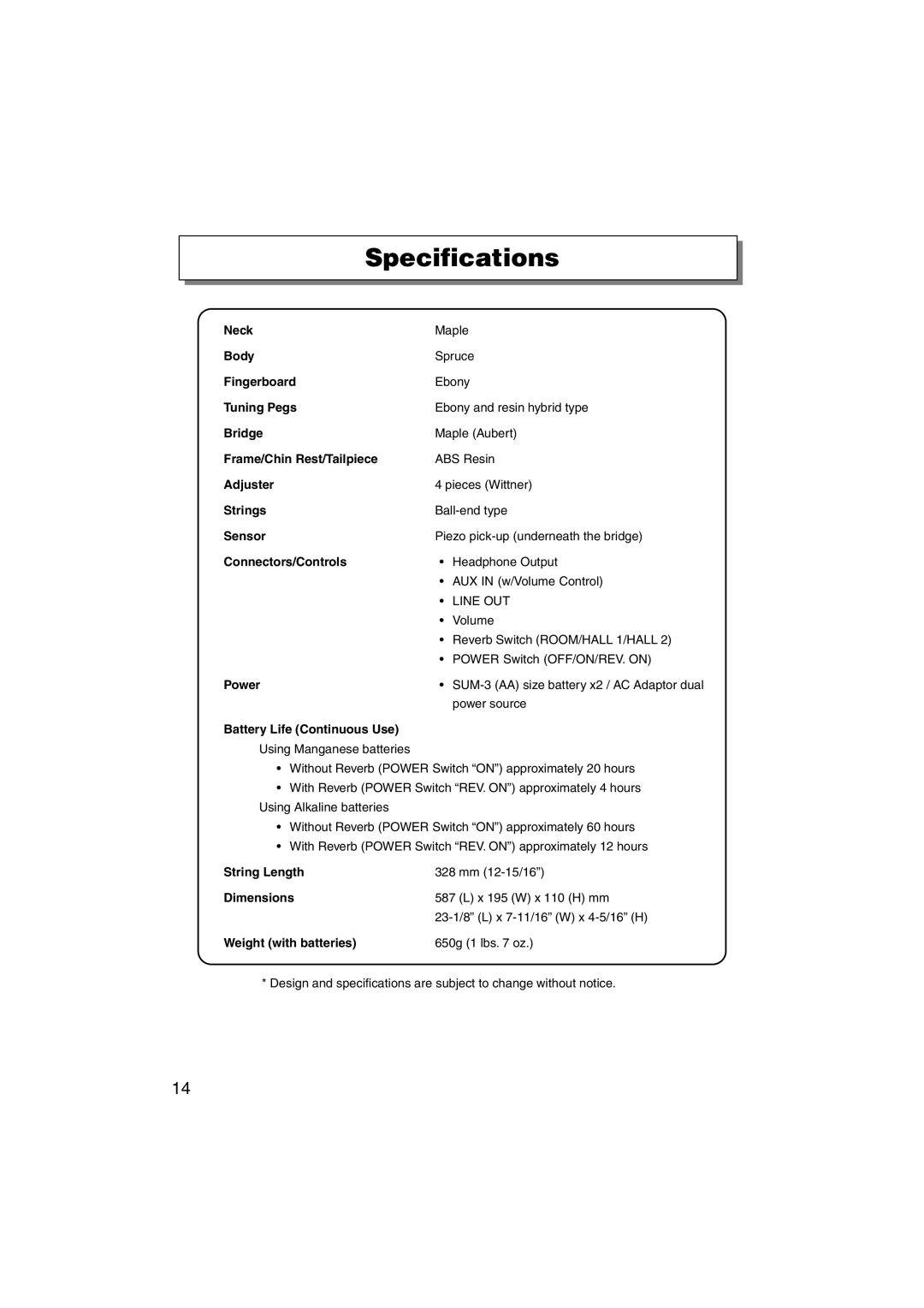 Yamaha SV130S owner manual Specifications 