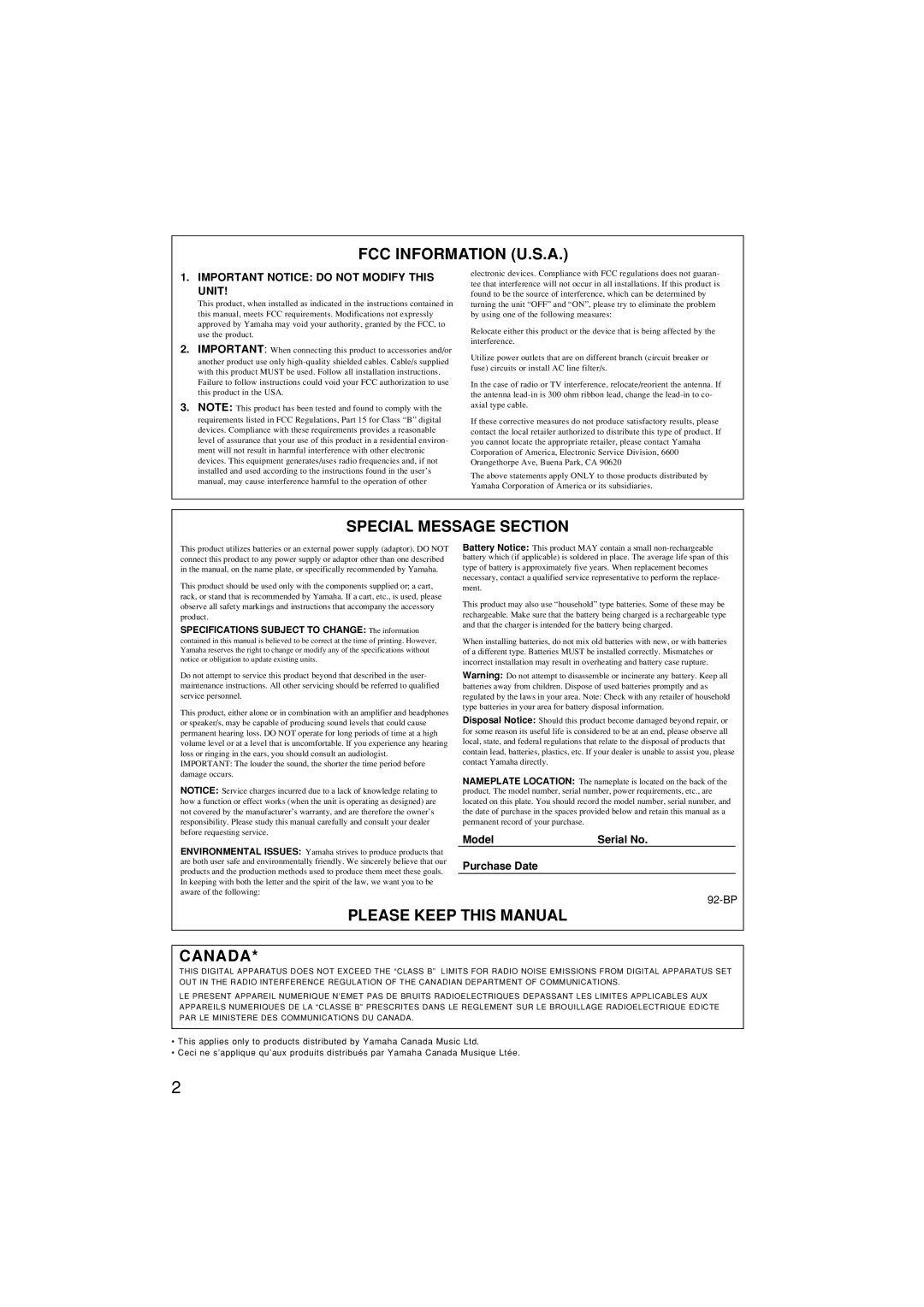 Yamaha SVC110 owner manual FCC Information U.S.A 