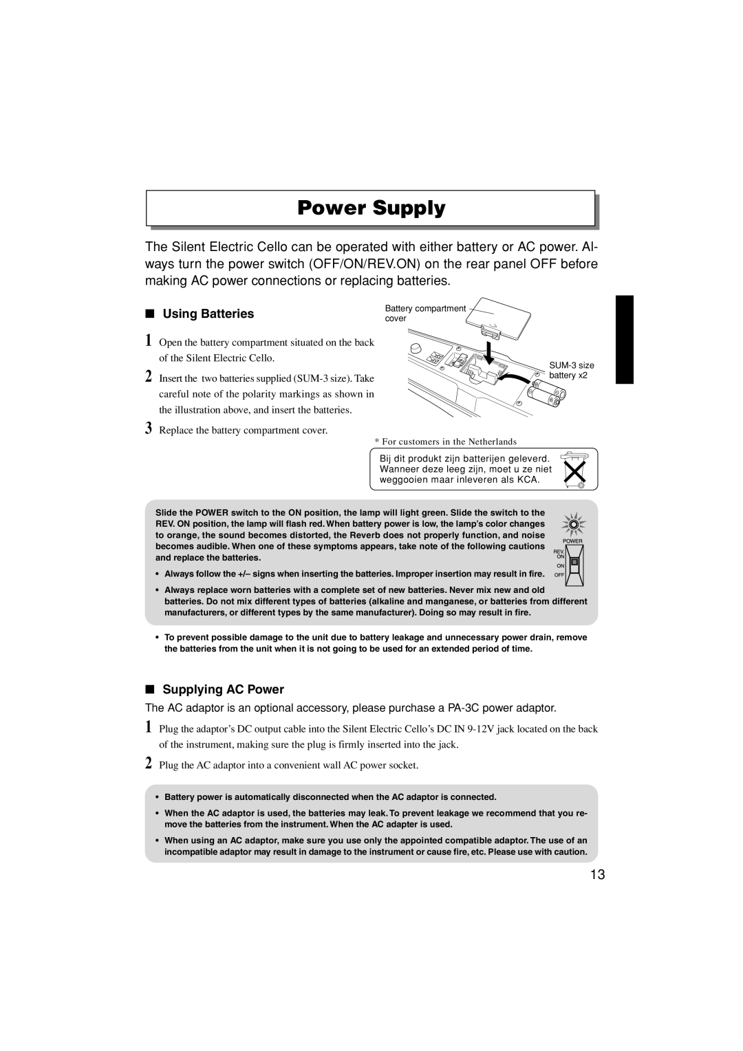 Yamaha SVC210 owner manual Power Supply, Using Batteries, Supplying AC Power 