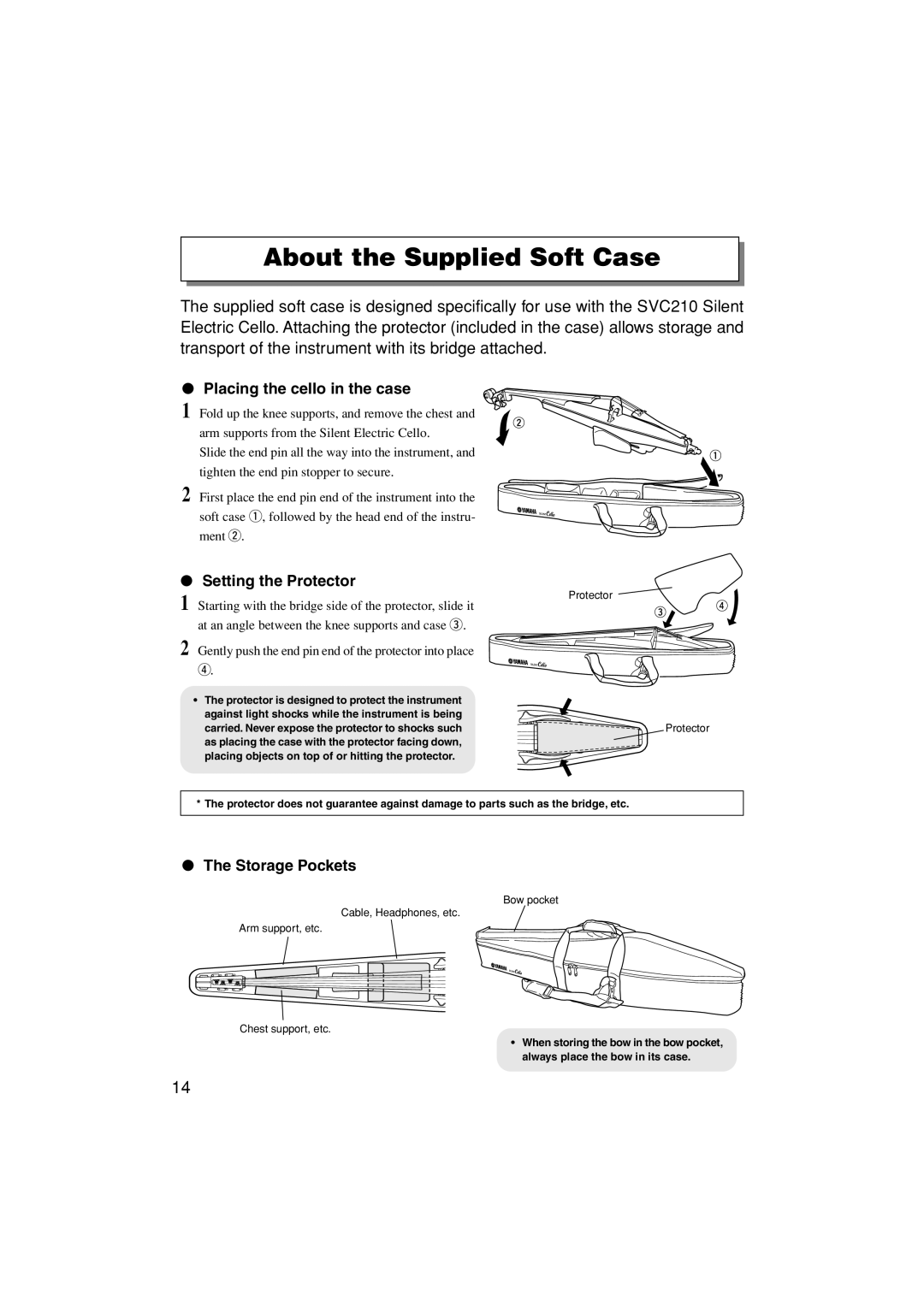 Yamaha SVC210 About the Supplied Soft Case, Placing the cello in the case, Setting the Protector, Storage Pockets 