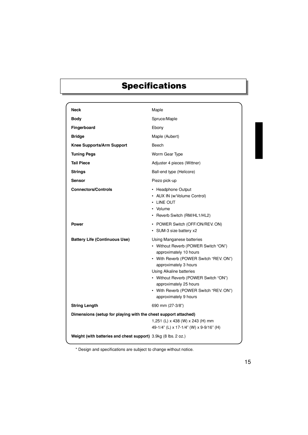 Yamaha SVC210 owner manual Specifications, Battery Life Continuous Use 