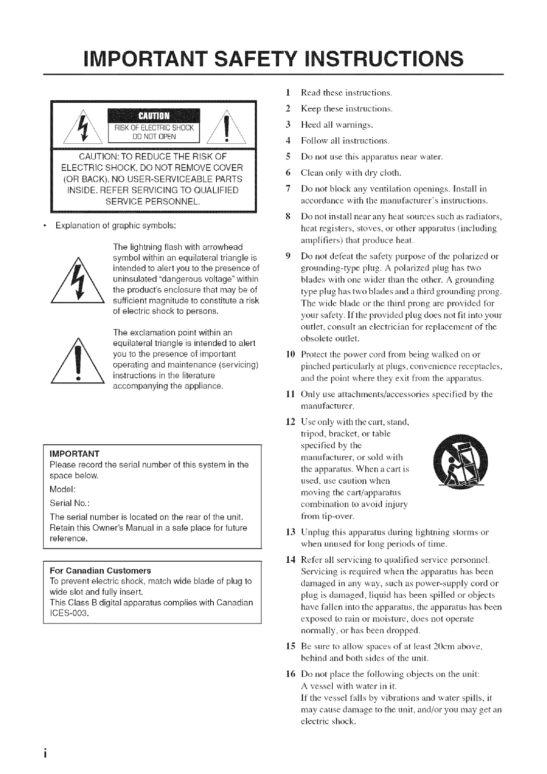 Yamaha SW012 manual IMPORTANT Safety iNSTRUCTiONS 