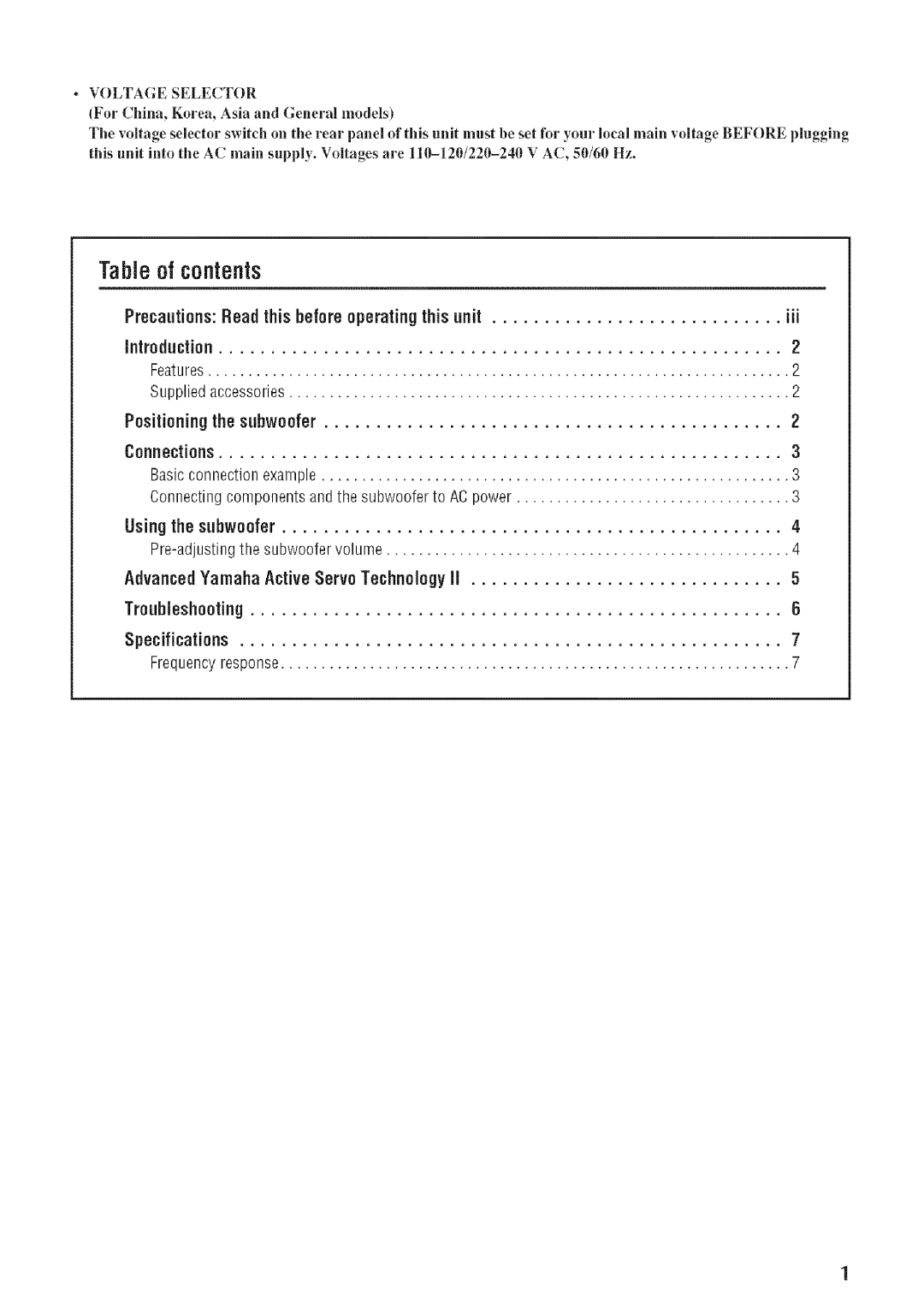 Yamaha SW012 manual Table of contents 