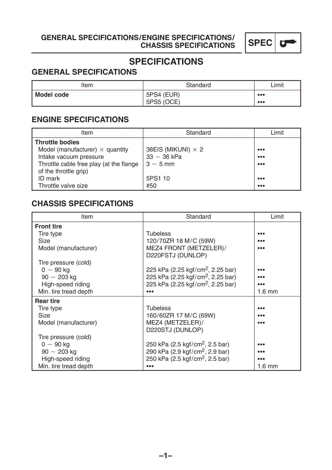 Yamaha TDM900(R) 5PS1-AE2 manual General Specifications, Engine Specifications, Chassis Specifications 