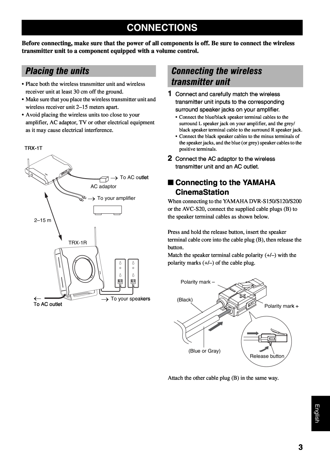 Yamaha TRX-1T, TRX-1R owner manual Connections, Placing the units, Connecting to the YAMAHA CinemaStation, English 
