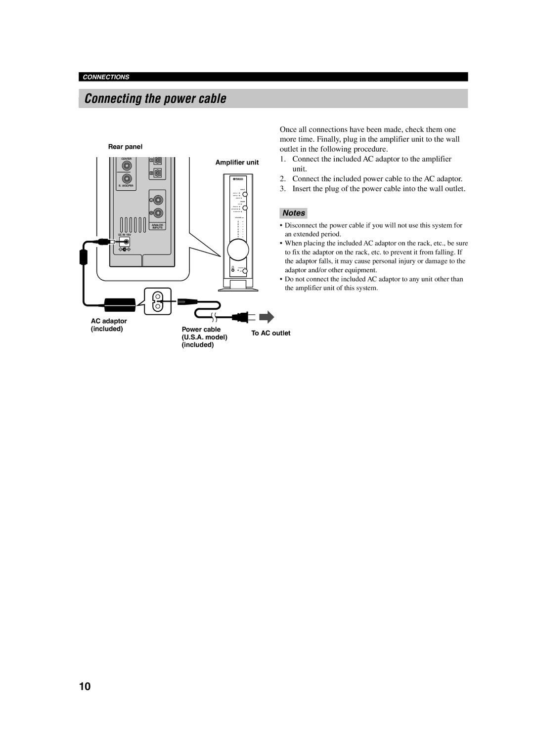 Yamaha TSS-10 owner manual Connecting the power cable, Rear panel, AC adaptor IncludedPower cable To AC outlet U.S.A. model 