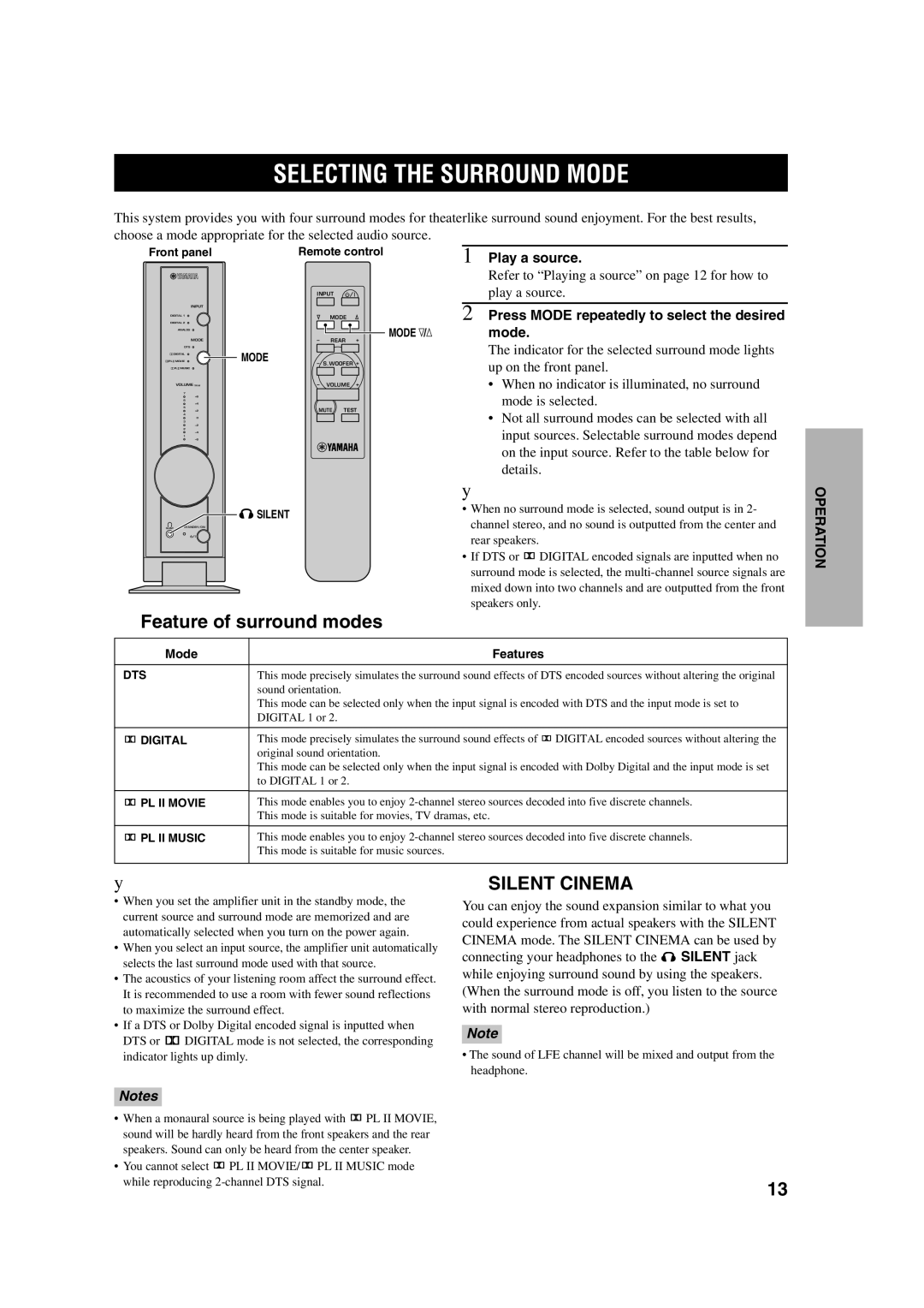 Yamaha TSS-10 owner manual Selecting the Surround Mode, Feature of surround modes, Play a source 