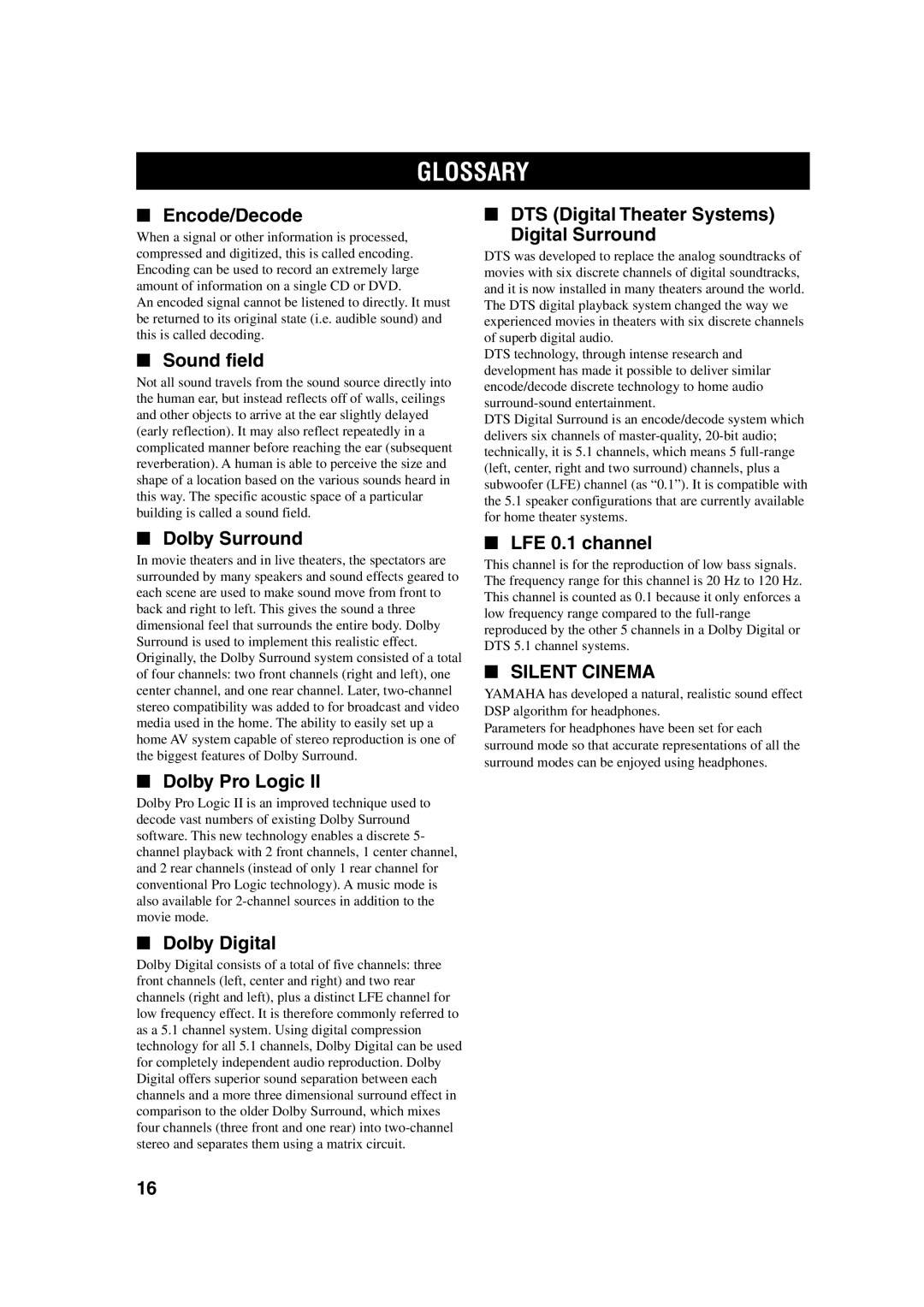 Yamaha TSS-10 owner manual Glossary 