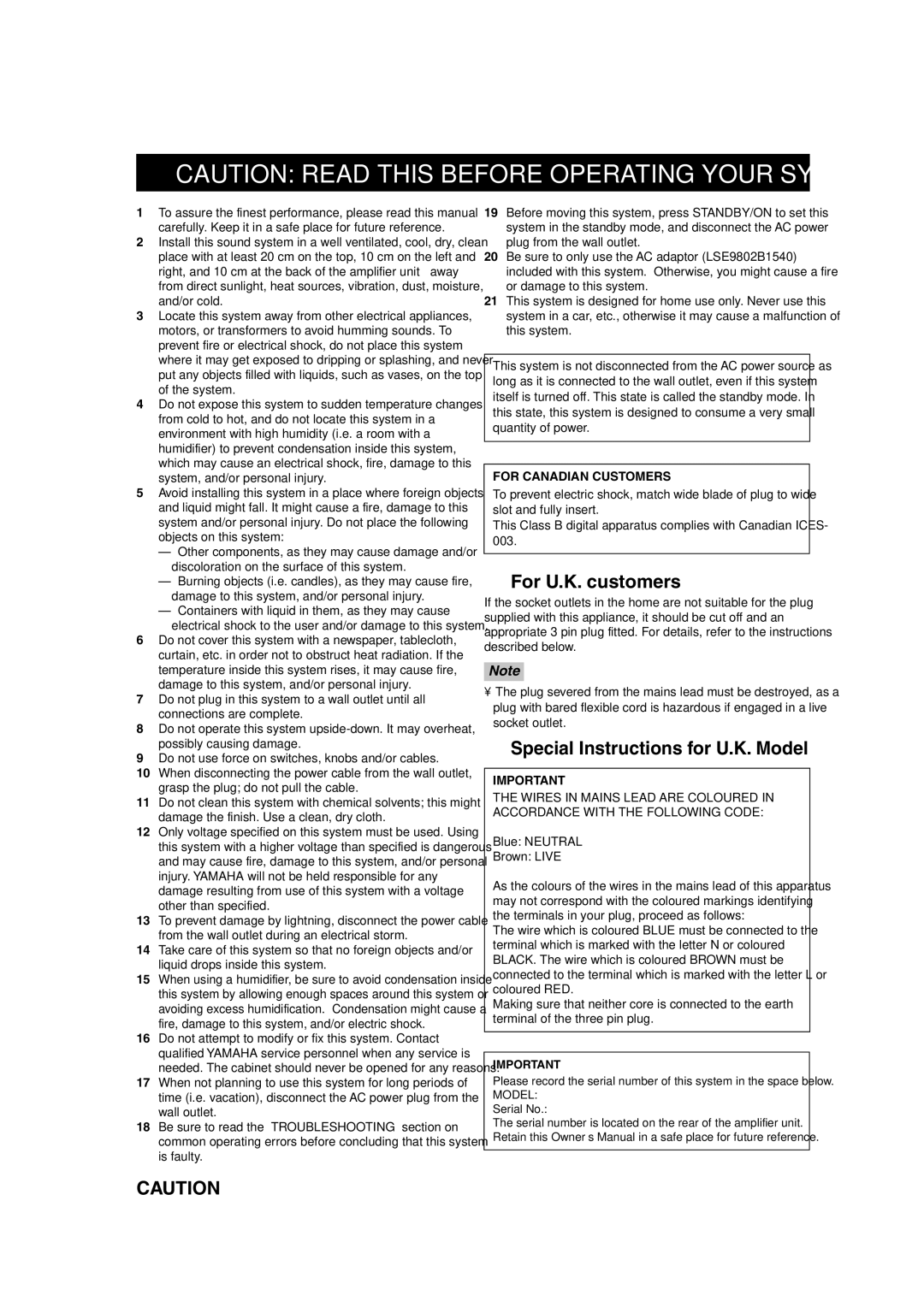 Yamaha TSS-10 owner manual For U.K. customers, Special Instructions for U.K. Model 