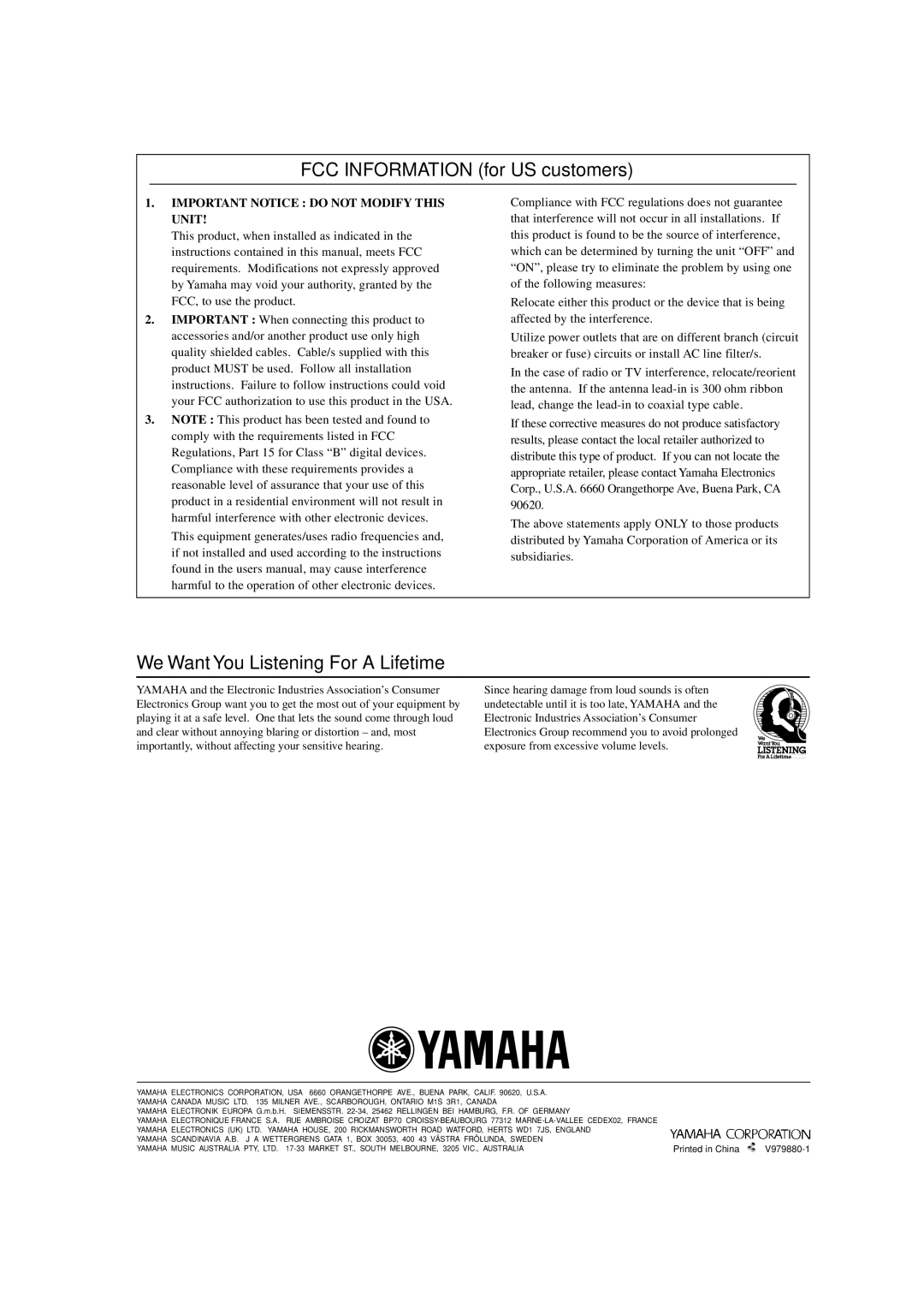 Yamaha TSS-10 owner manual FCC Information for US customers, We Want You Listening For a Lifetime 