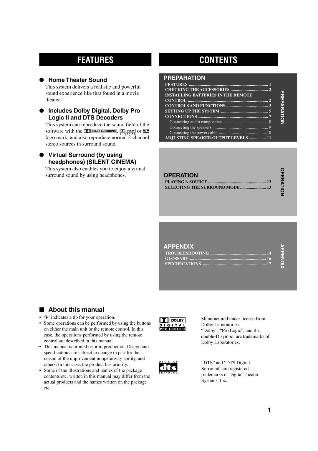 Yamaha TSS-10 owner manual Features, Contents 