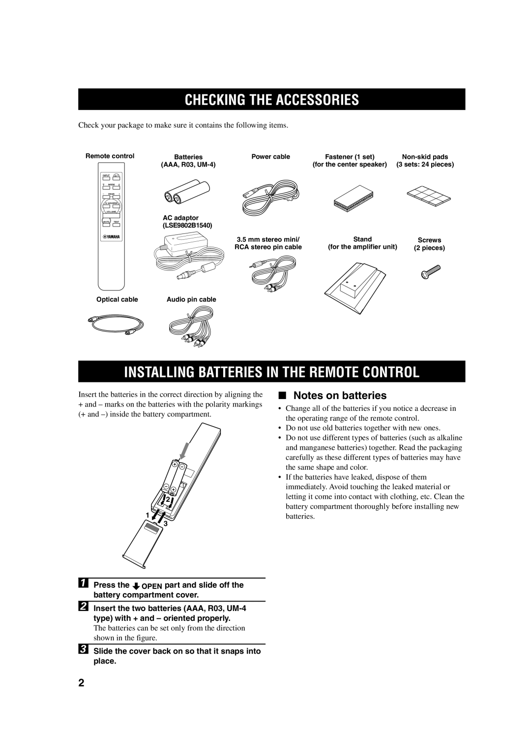 Yamaha TSS-10 owner manual Checking the Accessories, Installing Batteries in the Remote Control 