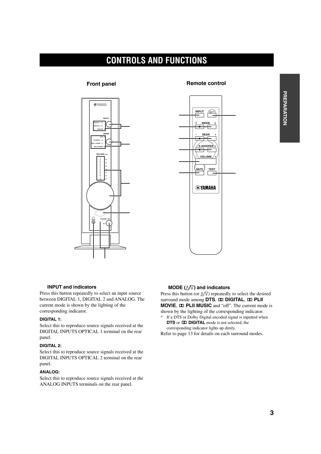 Yamaha TSS-10 Controls and Functions, Front panel Remote control, Input and indicators, Mode k/n and indicators 