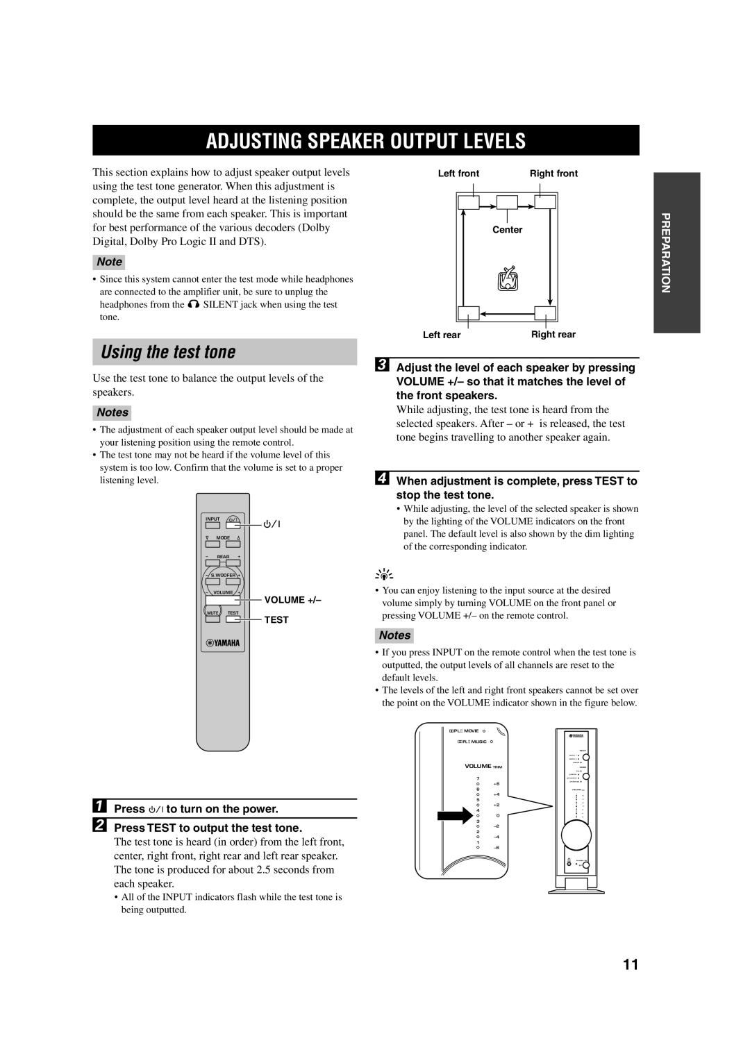 Yamaha TSS-10 owner manual Adjusting Speaker Output Levels, Using the test tone 