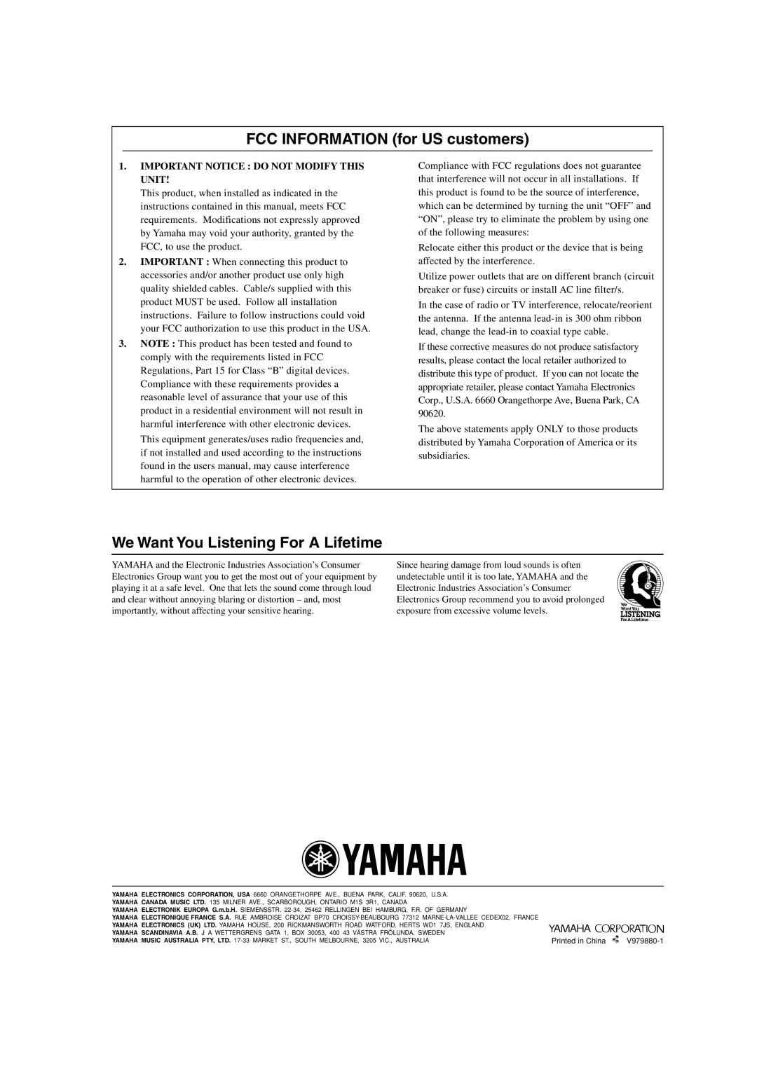 Yamaha TSS-10 owner manual FCC INFORMATION for US customers, We Want You Listening For A Lifetime 