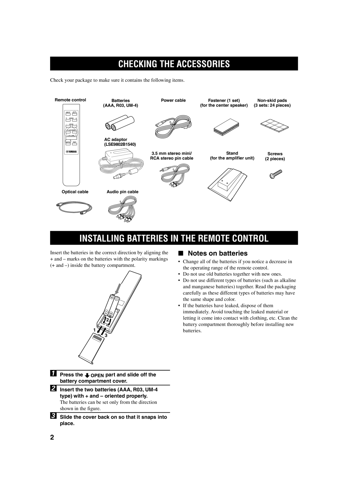 Yamaha TSS-10 owner manual Checking The Accessories, Installing Batteries In The Remote Control, Notes on batteries 