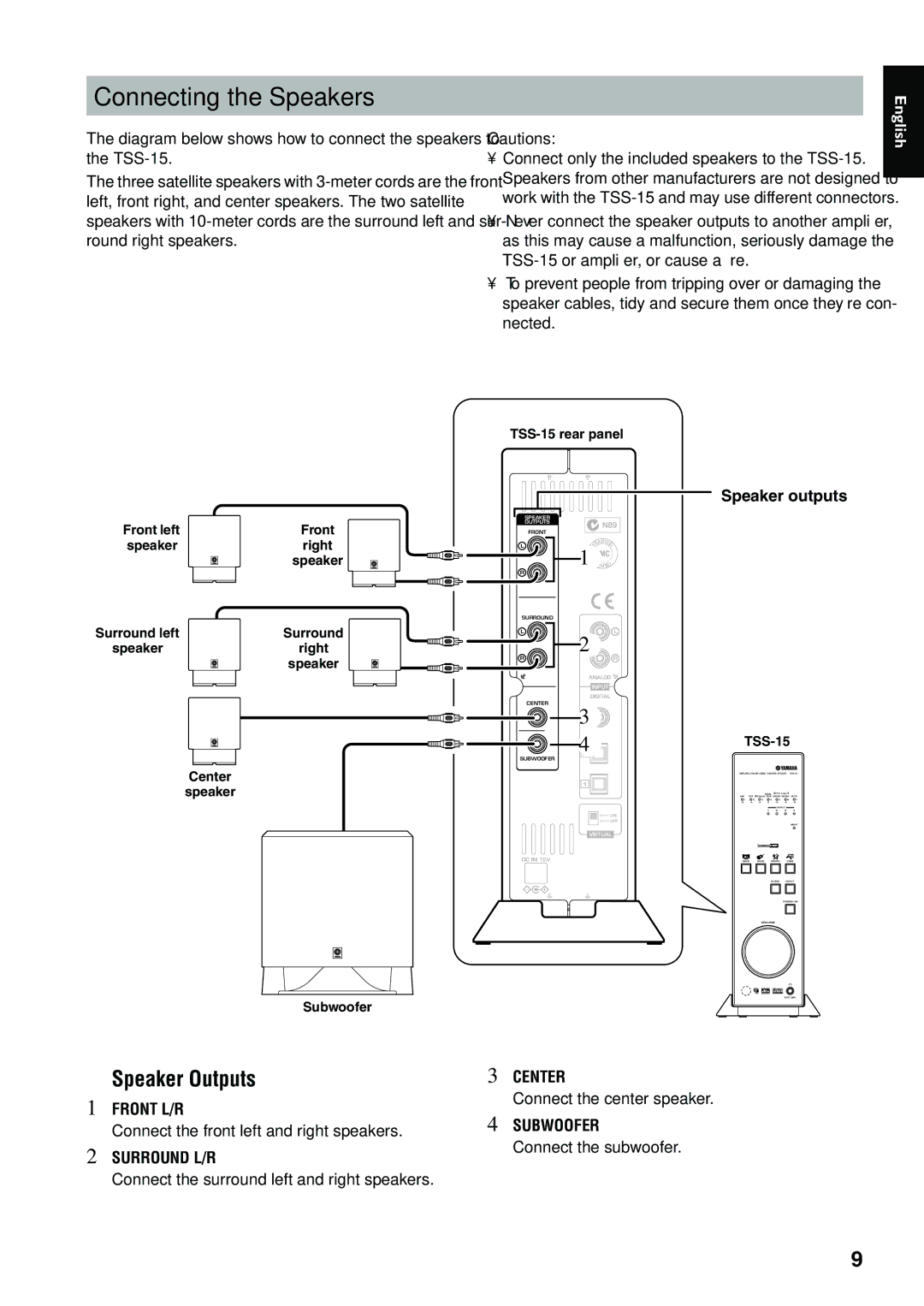 Yamaha TSS-15 owner manual Speaker Outputs, Speaker outputs 