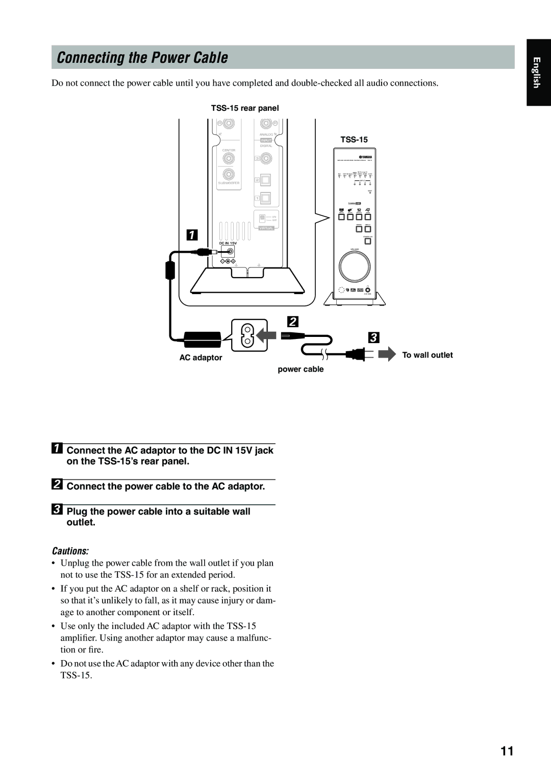 Yamaha TSS-15 owner manual Tssl -15 rear panelL, To wall outlet power cable 