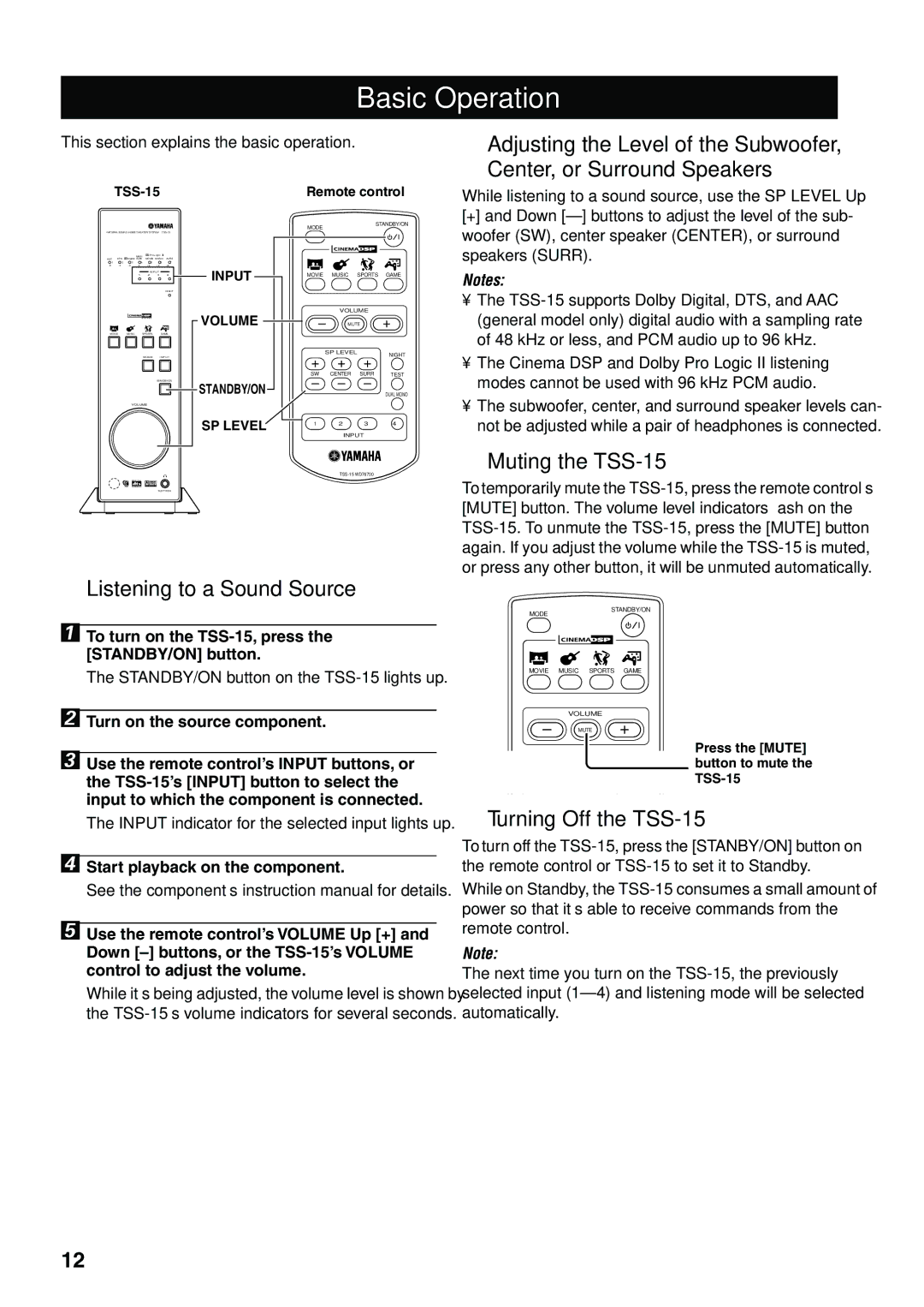 Yamaha owner manual Basic Operation, Muting the TSS-15, Listening to a Sound Source, Turning Off the TSS-15 