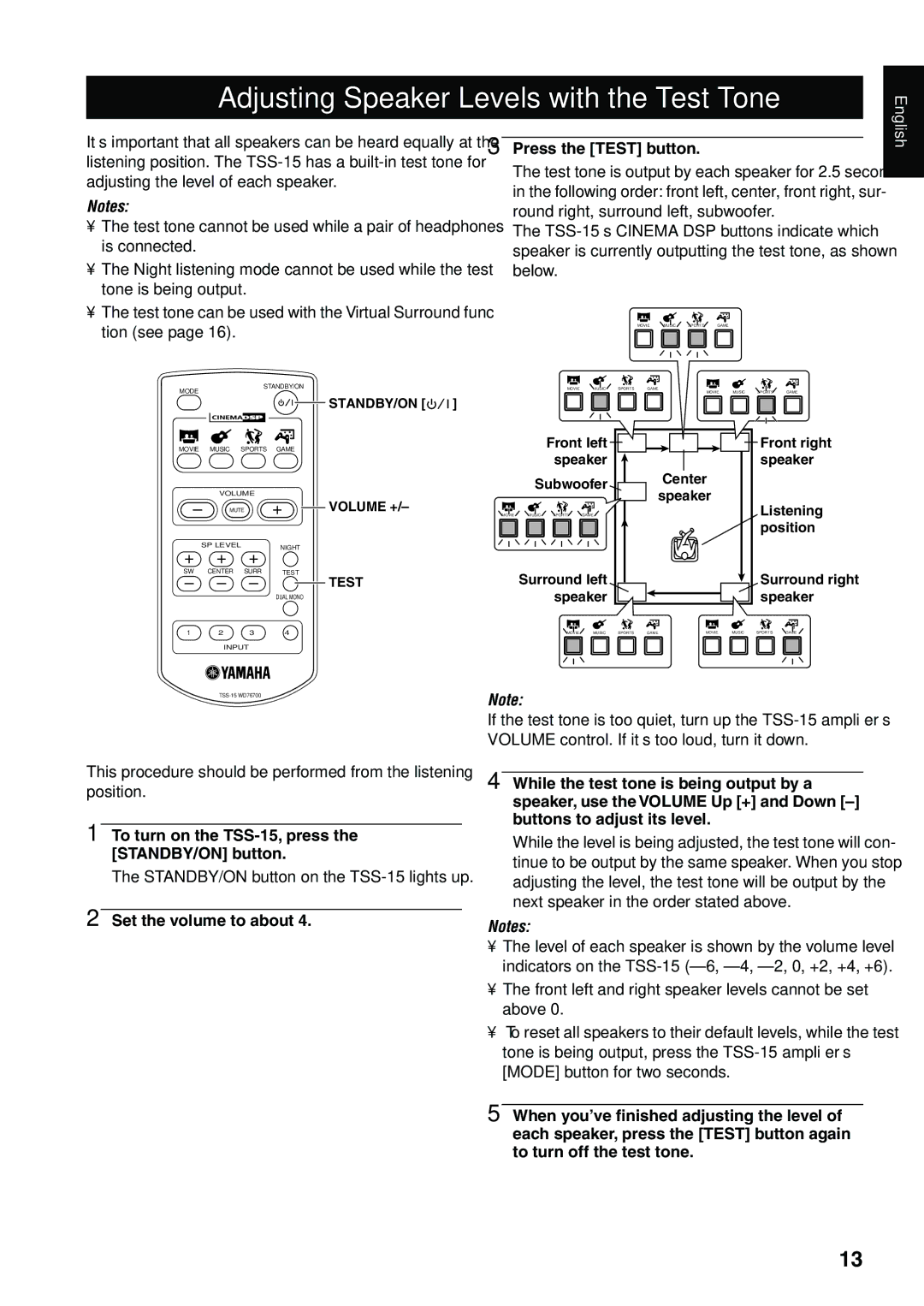 Yamaha TSS-15 owner manual Adjusting Speaker Levels with the Test Tone, Press the Test button, Set the volume to about 