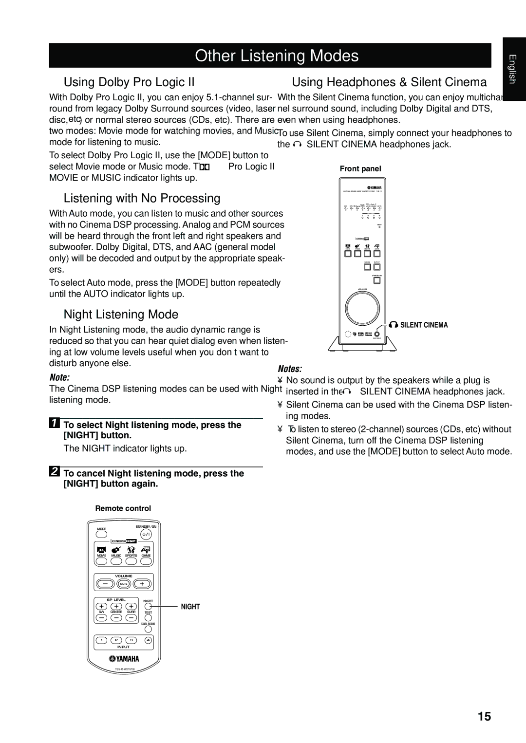 Yamaha TSS-15 owner manual Other Listening Modes, Using Dolby Pro Logic, Listening with No Processing, Night Listening Mode 