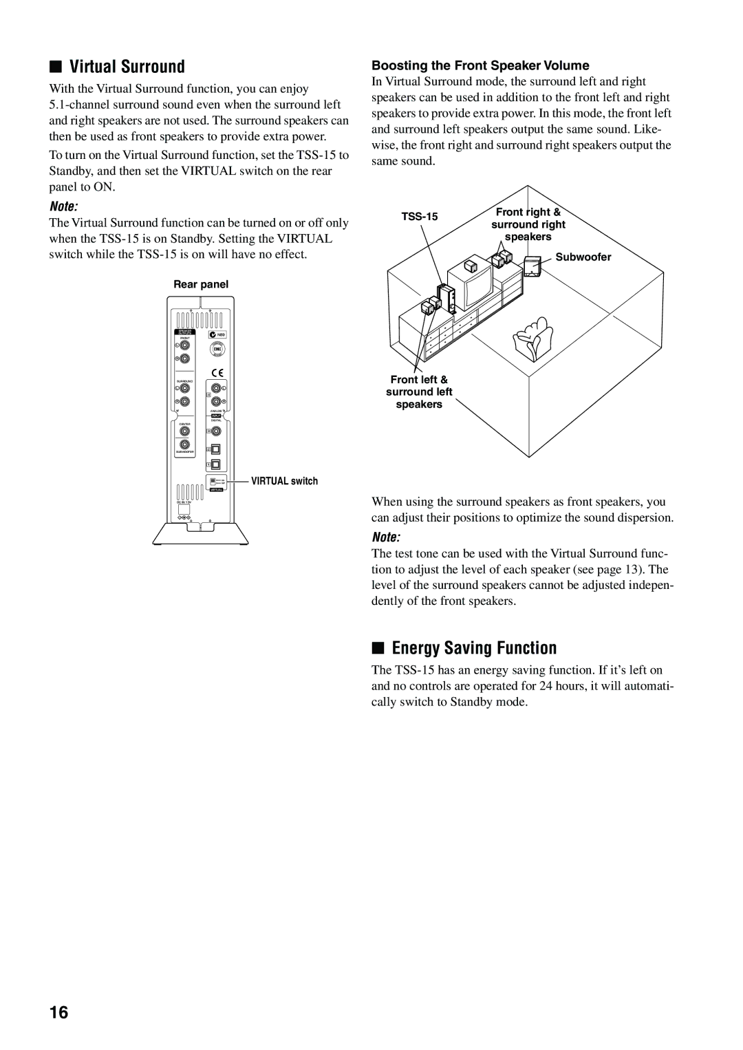 Yamaha TSS-15 owner manual Virtual Surround, Energy Saving Function, Boosting the Front Speaker Volume 