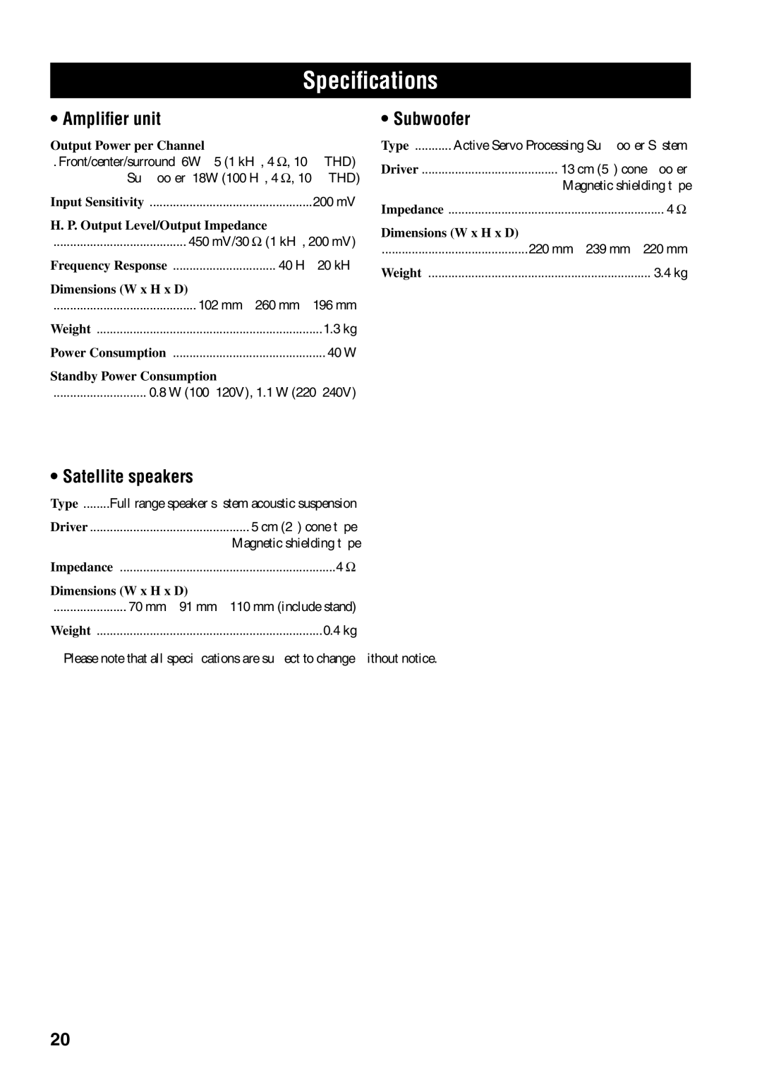 Yamaha TSS-15 owner manual Speciﬁcations, Ampliﬁer unit Subwoofer, Satellite speakers 