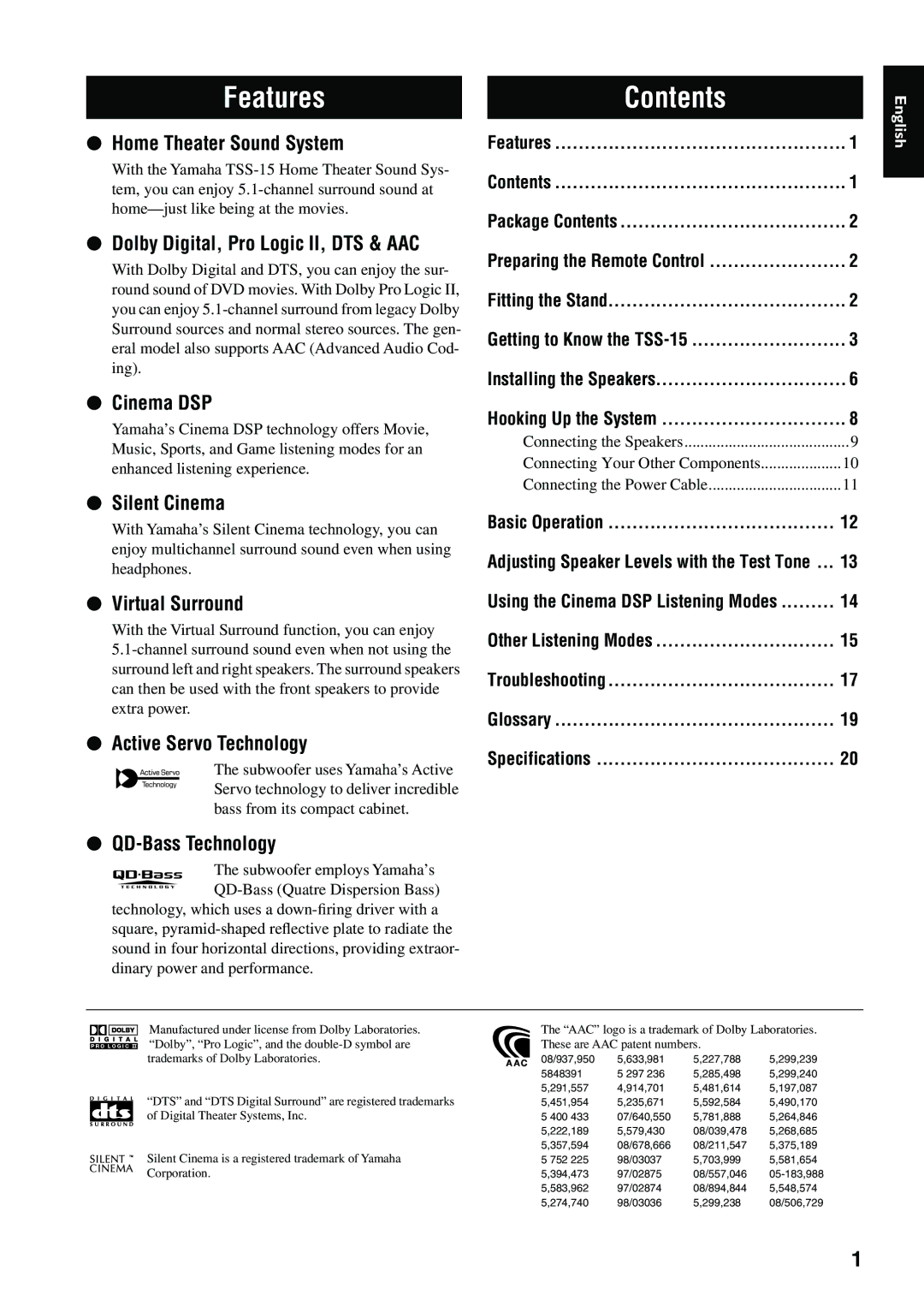 Yamaha TSS-15 owner manual Features Contents 