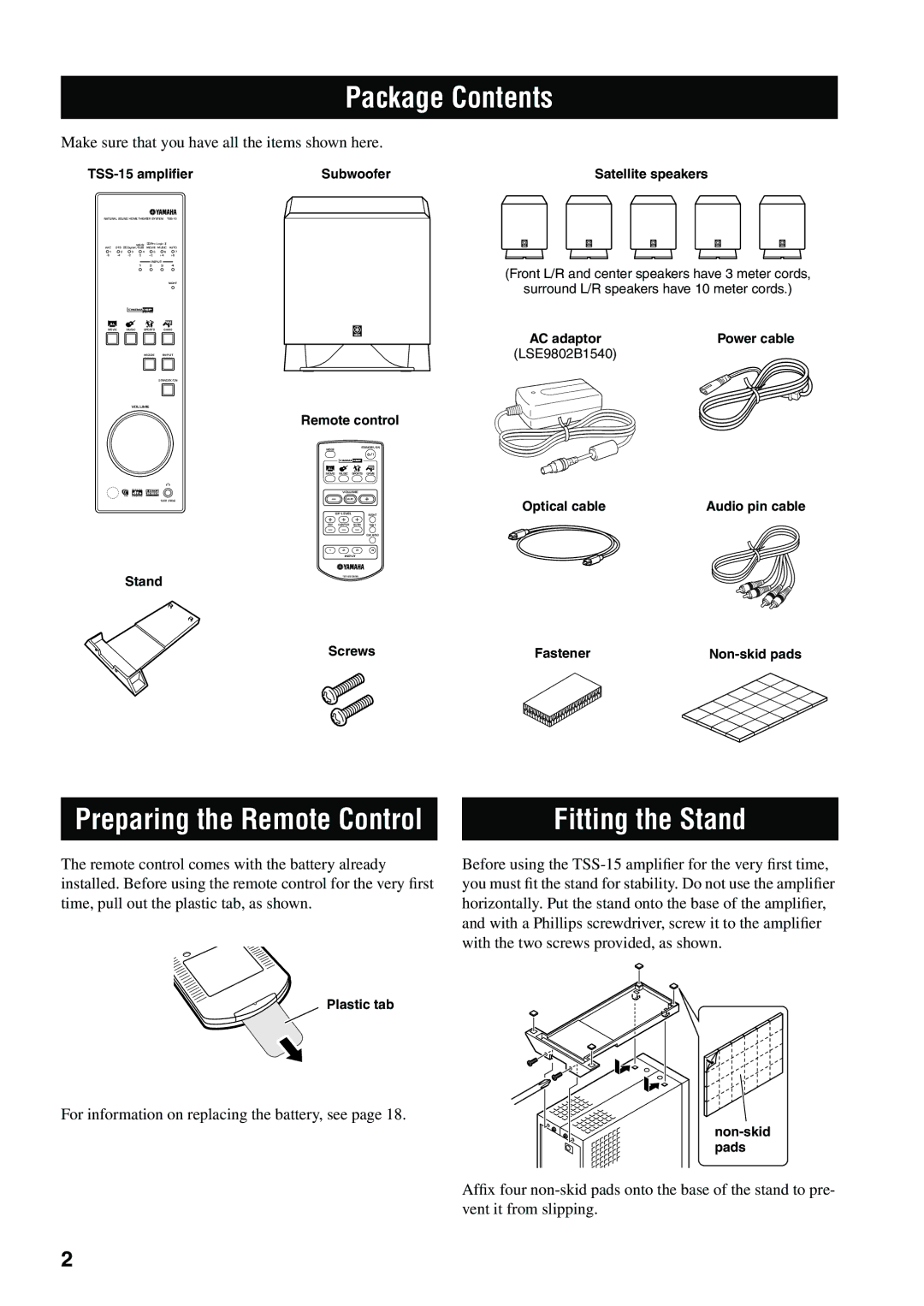 Yamaha TSS-15 owner manual Package Contents, Fitting the Stand 