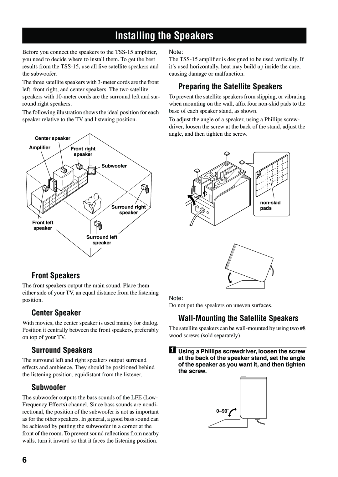 Yamaha TSS-15 owner manual Installing the Speakers 