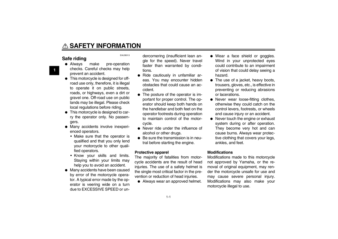 Yamaha TT-R110EX owner manual Safety Information, Safe riding, Protective apparel, Modifications 