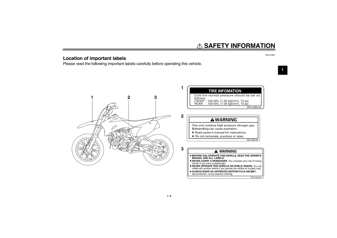 Yamaha TT-R110EX owner manual Location of important labels, Tire Infomation 