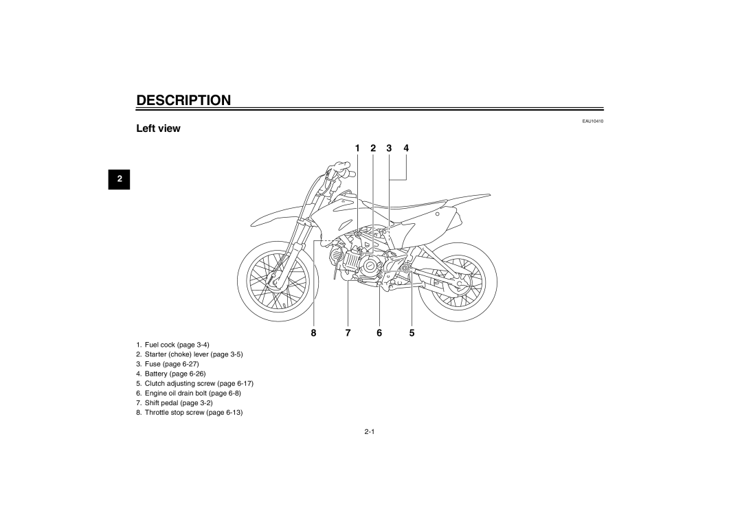 Yamaha TT-R110EX owner manual Description, Left view 