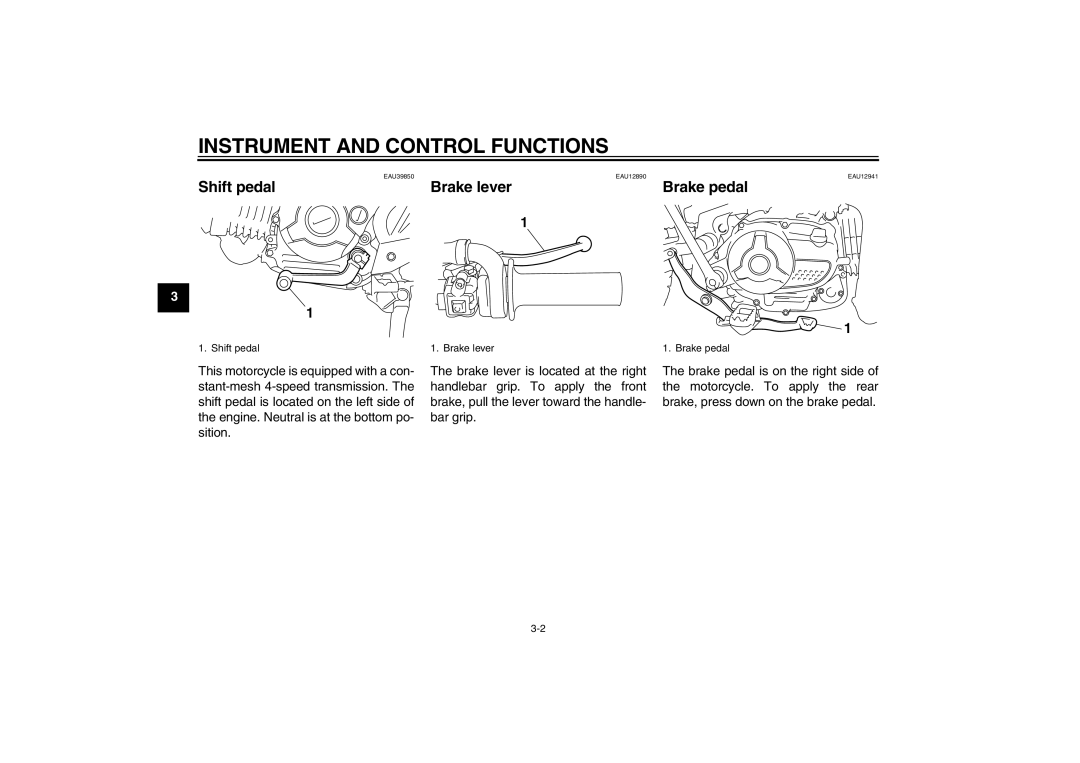 Yamaha TT-R110EX owner manual Shift pedal, Brake lever, Brake pedal 