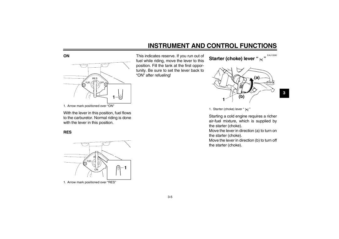 Yamaha TT-R110EX owner manual Starter choke lever, Res 