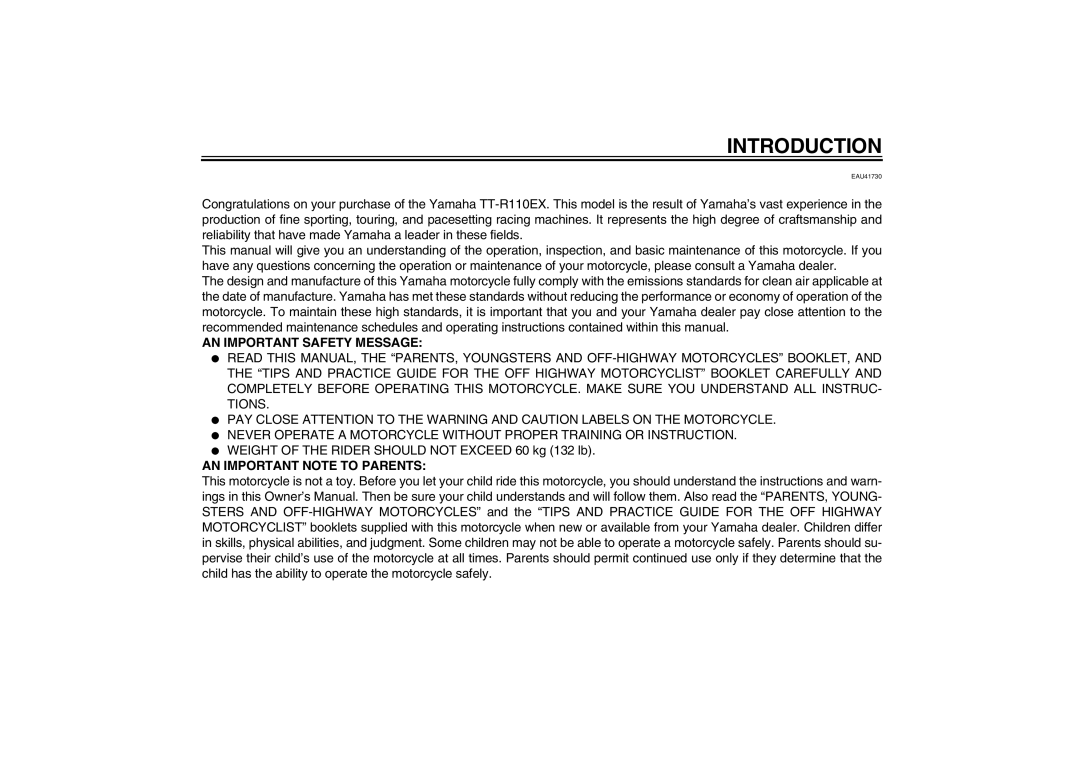 Yamaha TT-R110EX owner manual Introduction, AN Important Safety Message 