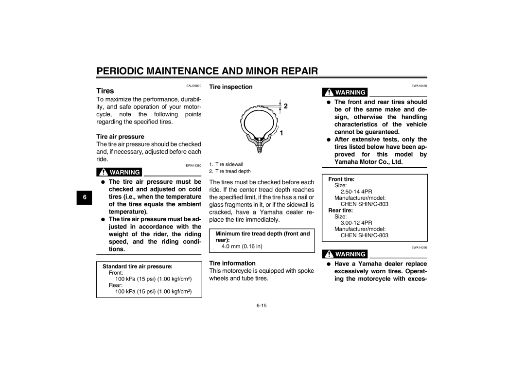 Yamaha TT-R110EX owner manual Tires, Tire air pressure, Tire inspection, Tire information 