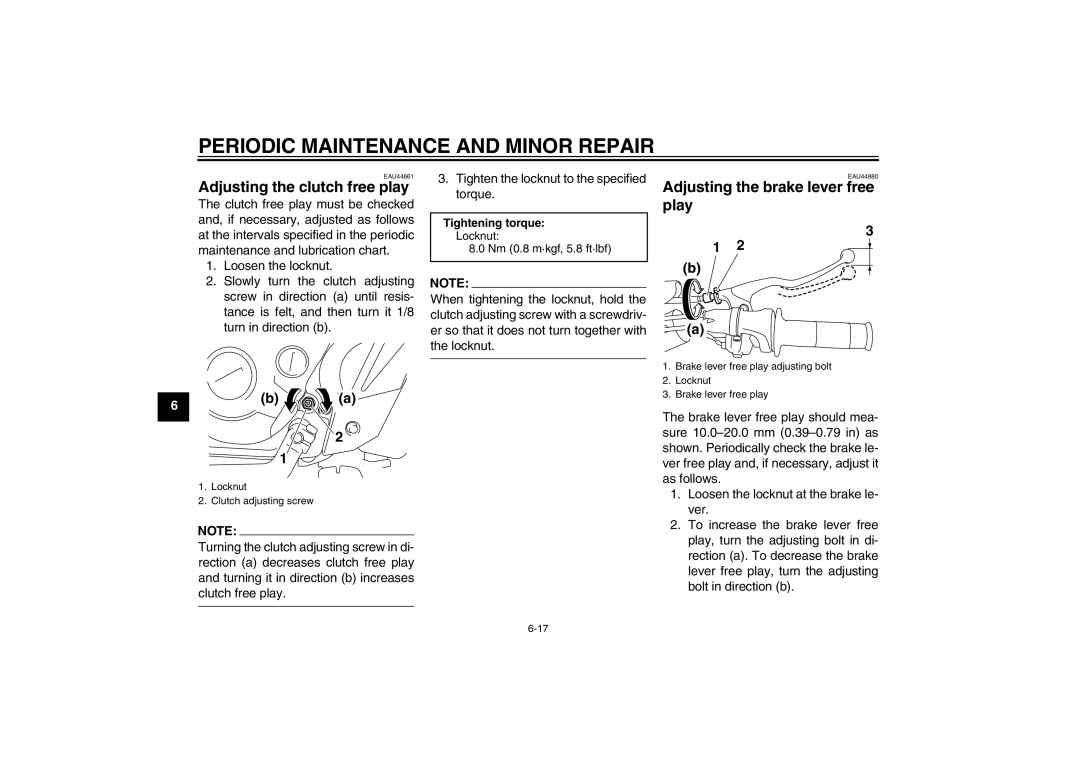 Yamaha TT-R110EX owner manual Adjusting the clutch free play, Adjusting the brake lever free play 