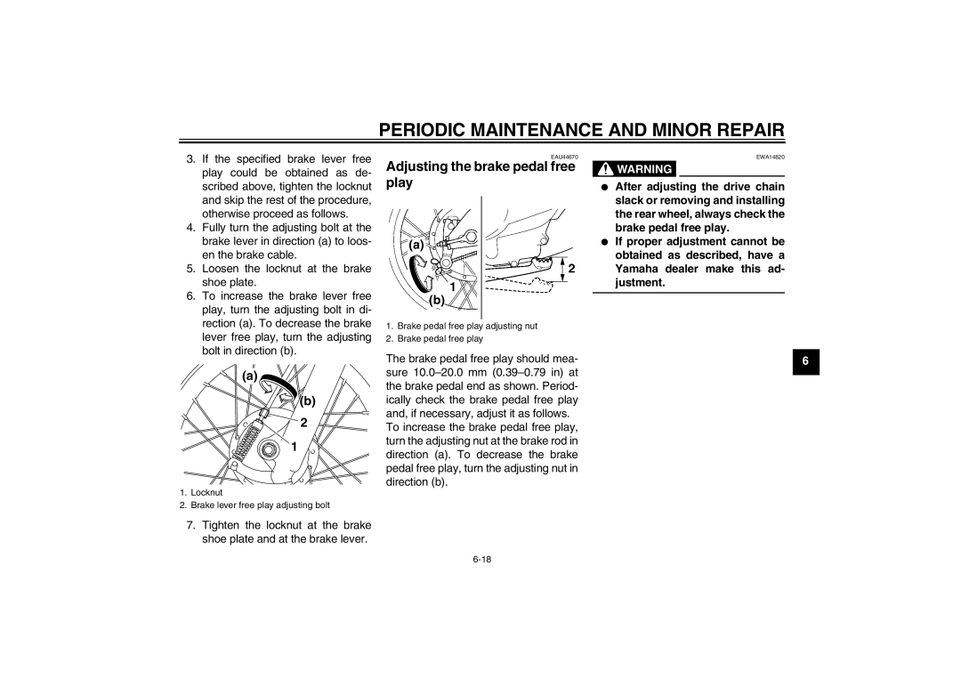 Yamaha TT-R110EX owner manual Adjusting the brake pedal free play 