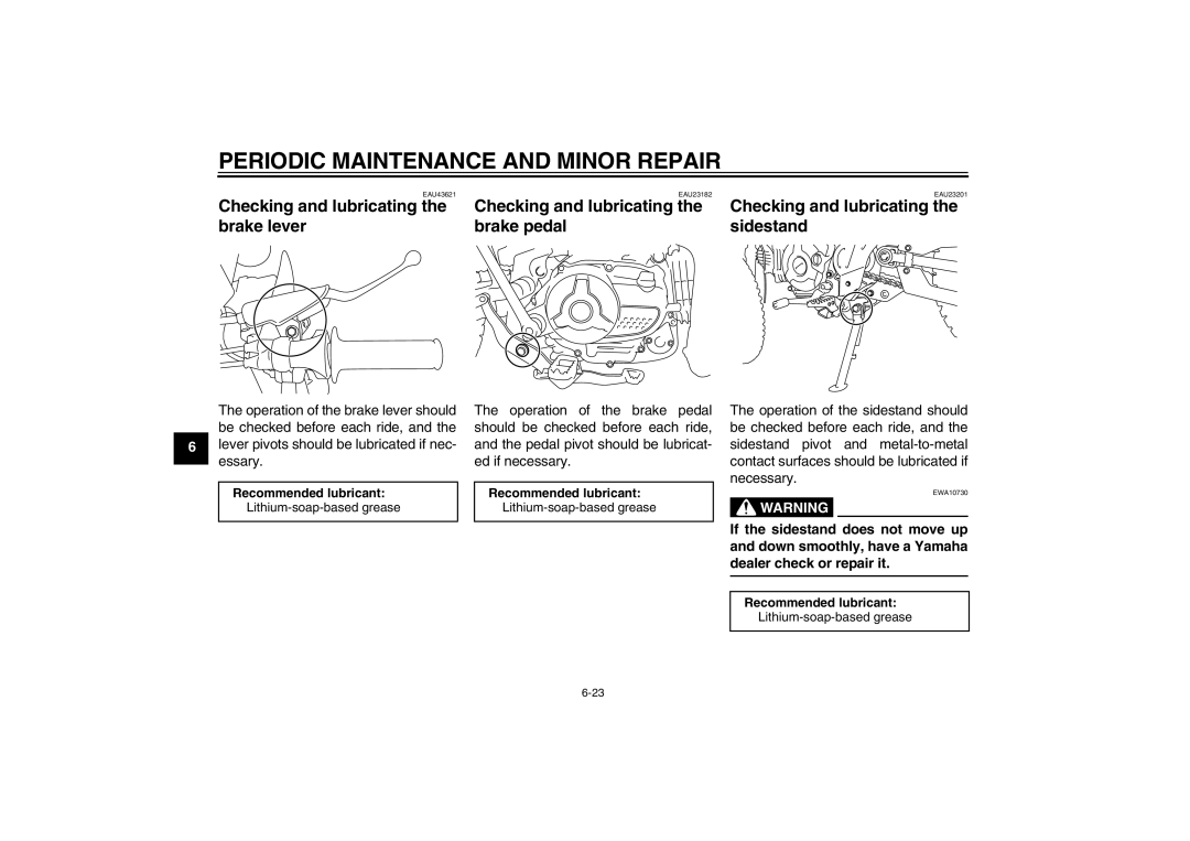 Yamaha TT-R110EX owner manual Checking and lubricating Brake lever Brake pedal Sidestand 