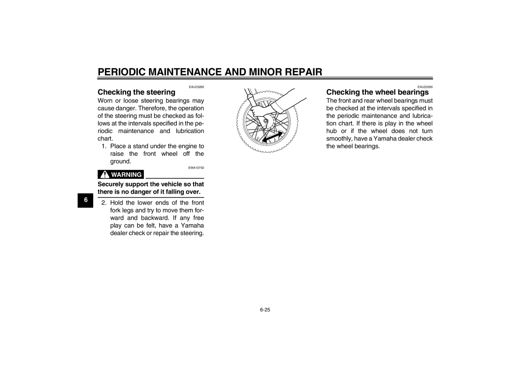 Yamaha TT-R110EX owner manual Checking the steering, Checking the wheel bearings 