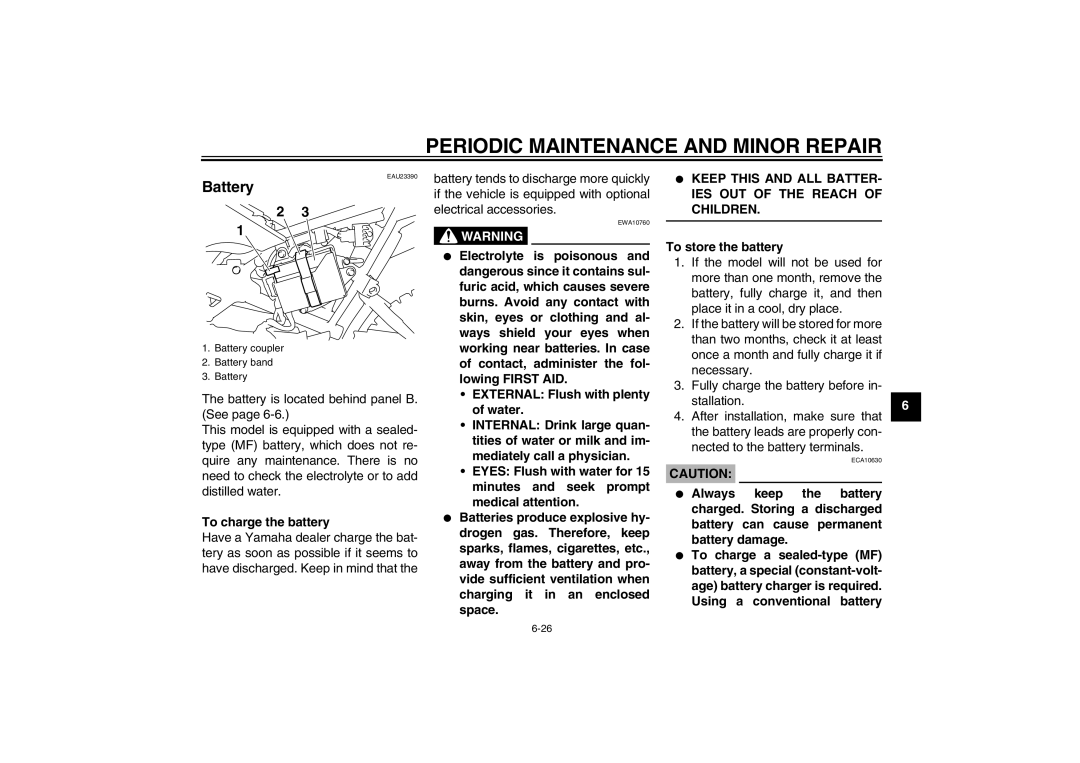 Yamaha TT-R110EX owner manual Battery, To charge the battery, To store the battery 