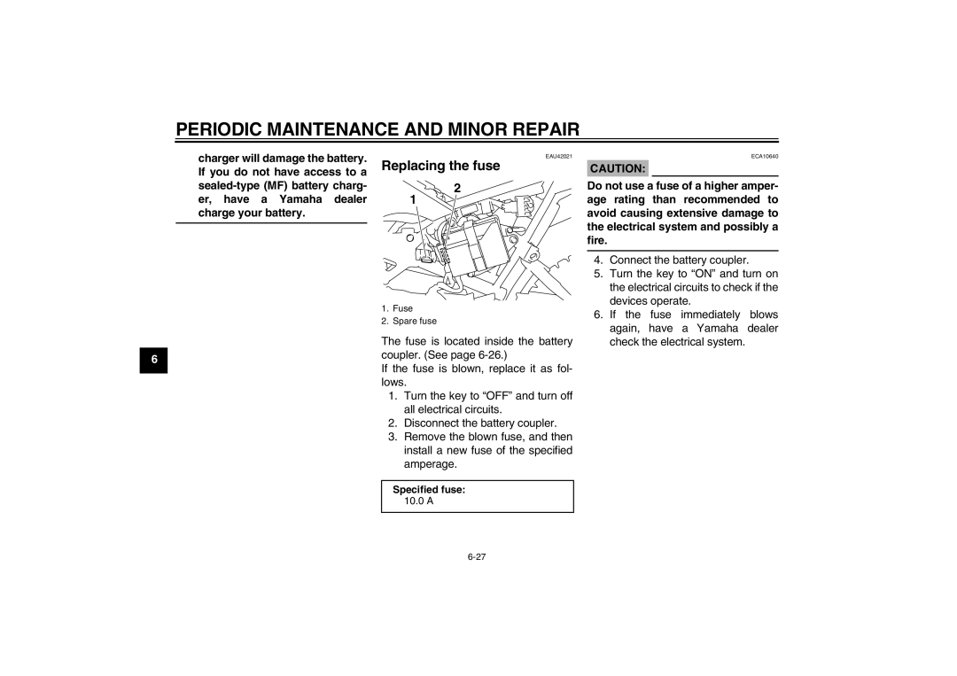 Yamaha TT-R110EX owner manual Replacing the fuse 