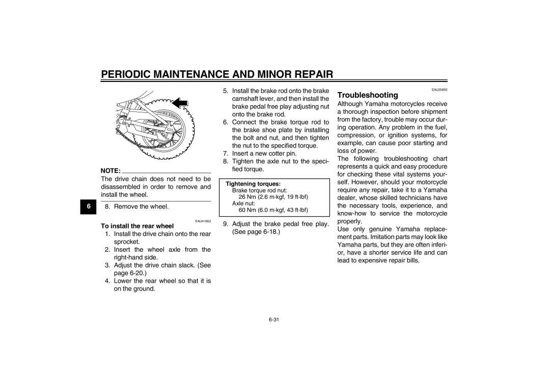 Yamaha TT-R110EX owner manual Troubleshooting, To install the rear wheel 