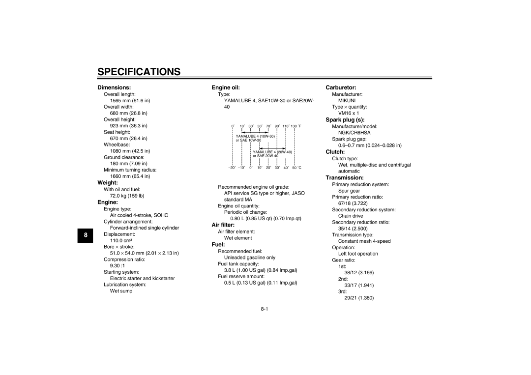 Yamaha TT-R110EX owner manual Specifications, Dimensions 