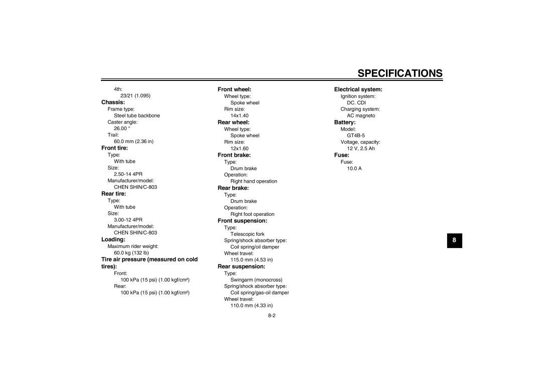 Yamaha TT-R110EX owner manual Chassis 