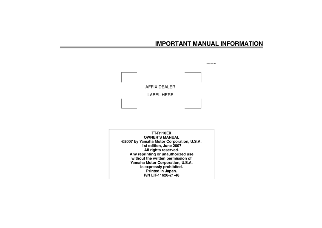 Yamaha TT-R110EX owner manual Affix Dealer Label Here 