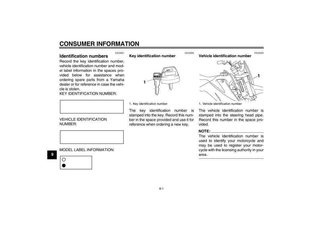 Yamaha TT-R110EX owner manual Consumer Information, Identification numbers, Vehicle identification number 