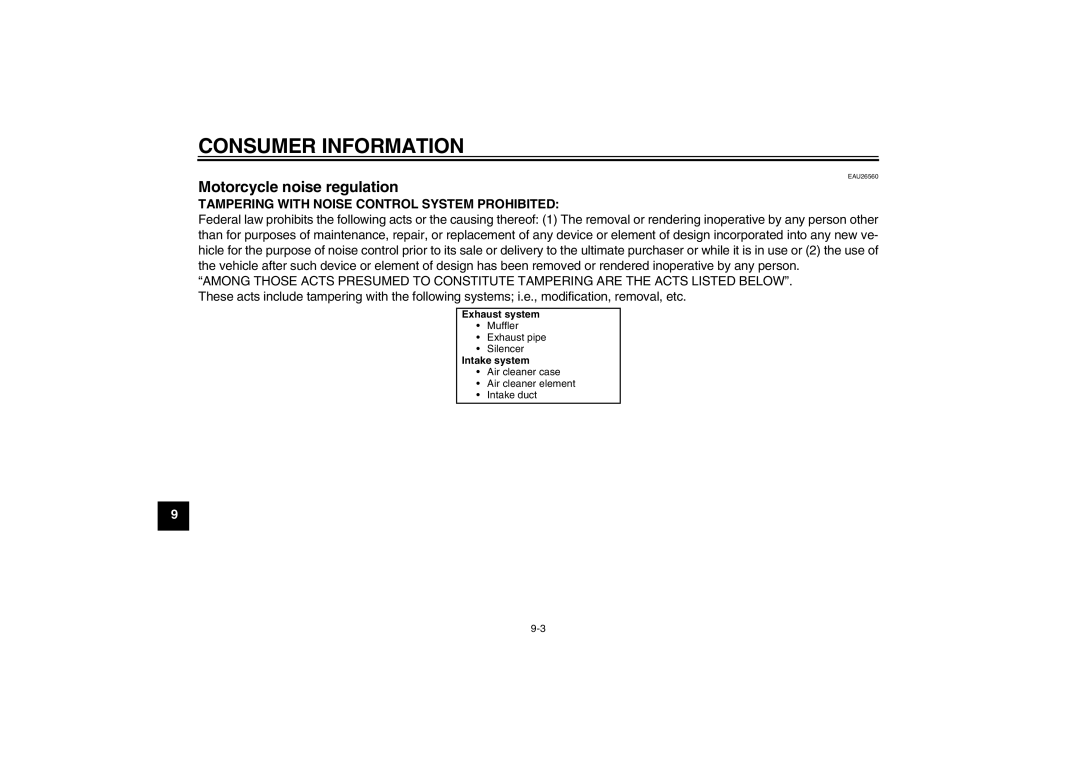 Yamaha TT-R110EX owner manual Motorcycle noise regulation, Tampering with Noise Control System Prohibited 