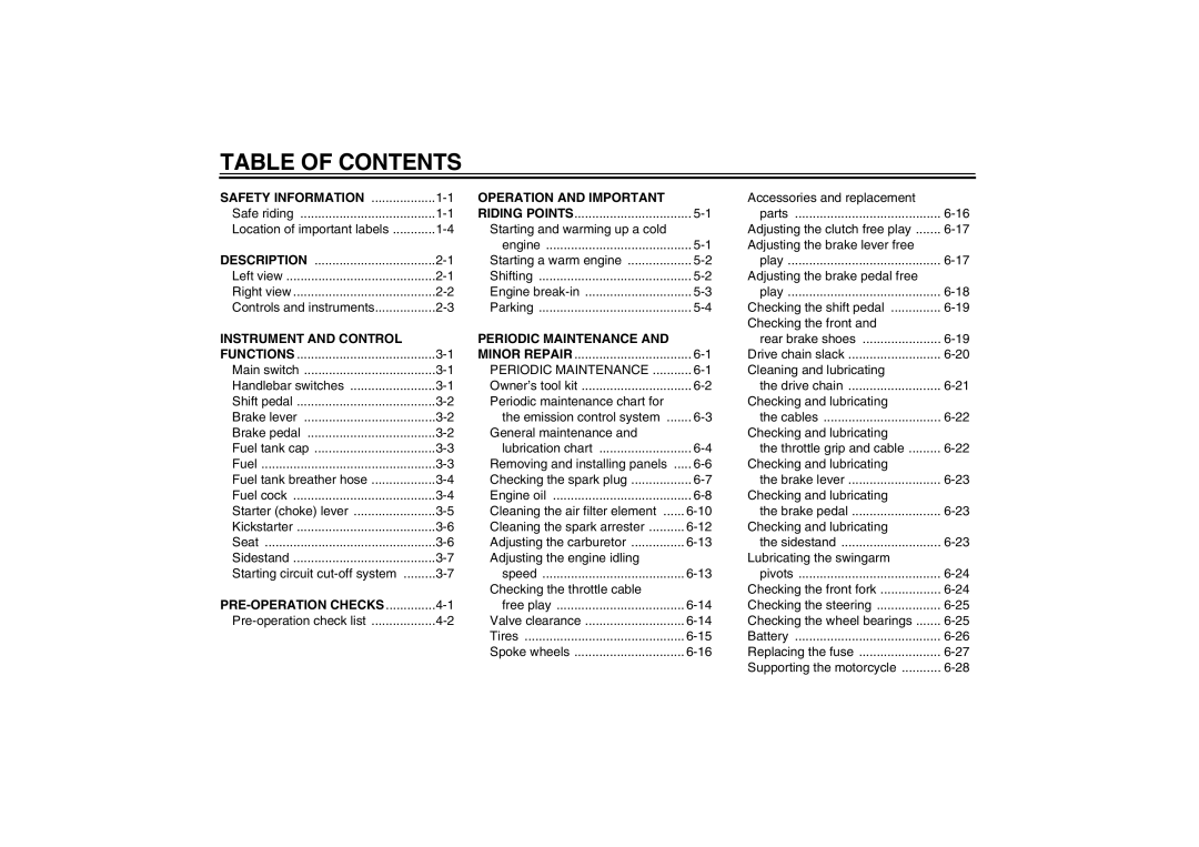 Yamaha TT-R110EX owner manual Table of Contents 